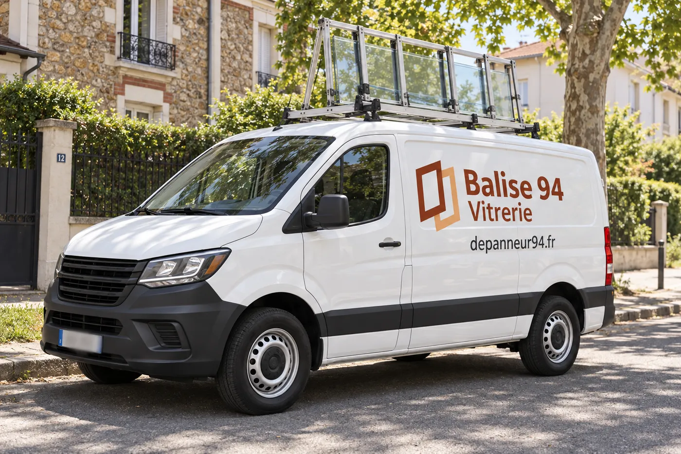 Camionnette blanche aux couleurs de Balise 94 Vitrerie, depanneur94.fr, avec un pupitre à verre sur le toit, dans une rue du Val-de-Marne