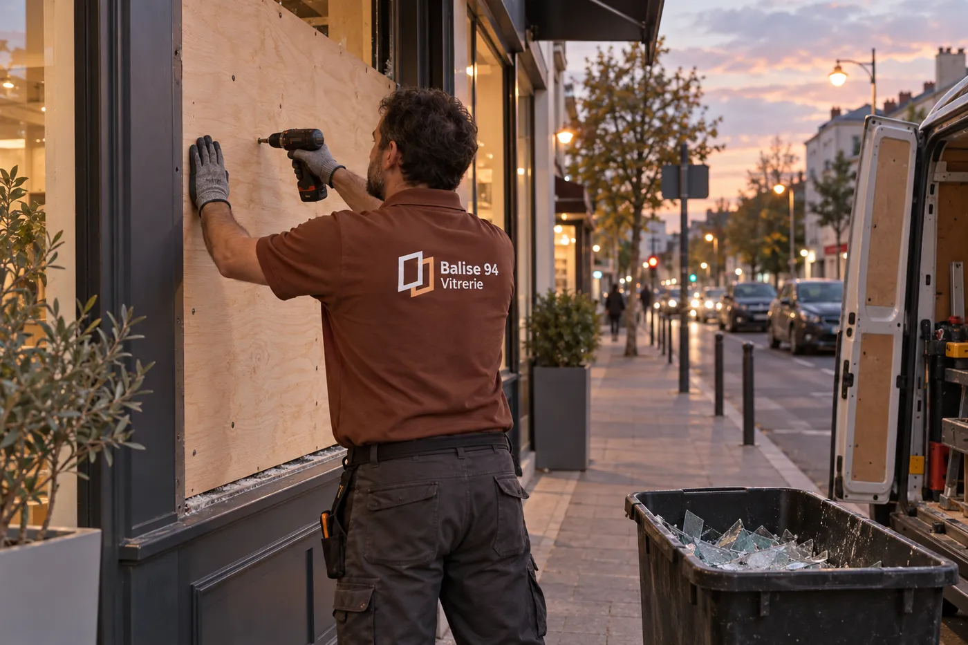 Vitrier de Balise 94 fixant un panneau bois de fermeture provisoire sur une vitrine cassée