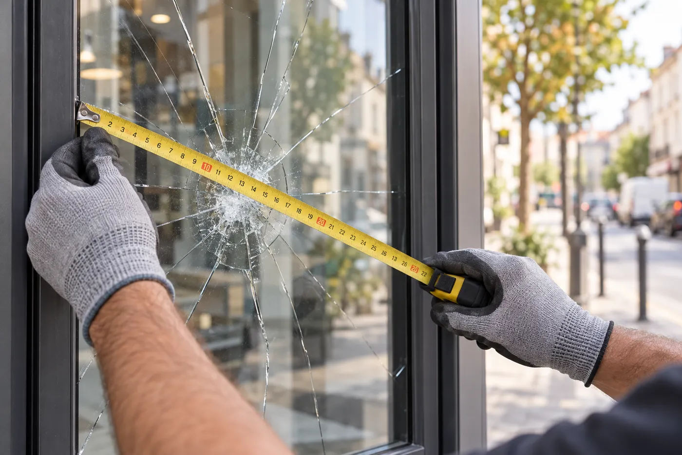 Mains gantées mesurant au mètre un carreau fêlé avant son remplacement
